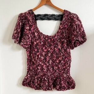 Betsey Johnson Vintage Pink Chunky Knit Puff Sleeve Peplum Top Y2K